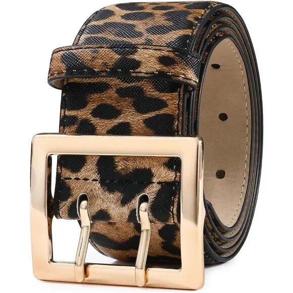 Women Leather Wide Fashion Thick Dress Belt With Gold Buckle Belt Leopard Gold AI DEEBLUE Women Leopard Print Wide Belts Fashion Thick Belt  main image 3
